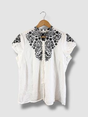 Tweeds Linen Button Up Shirt XL White Black Embroidered Short Sleeve Casual